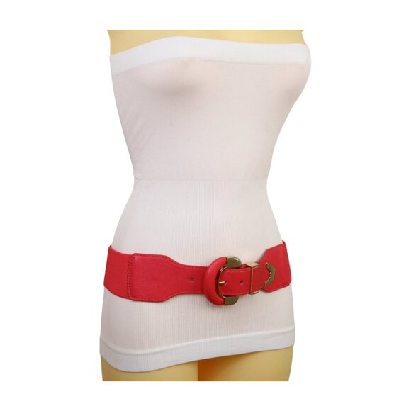 New Women Coral Pink Faux Leather Elastic Waistband Belt Round Gold Buckle S M - Picture 9 of 16